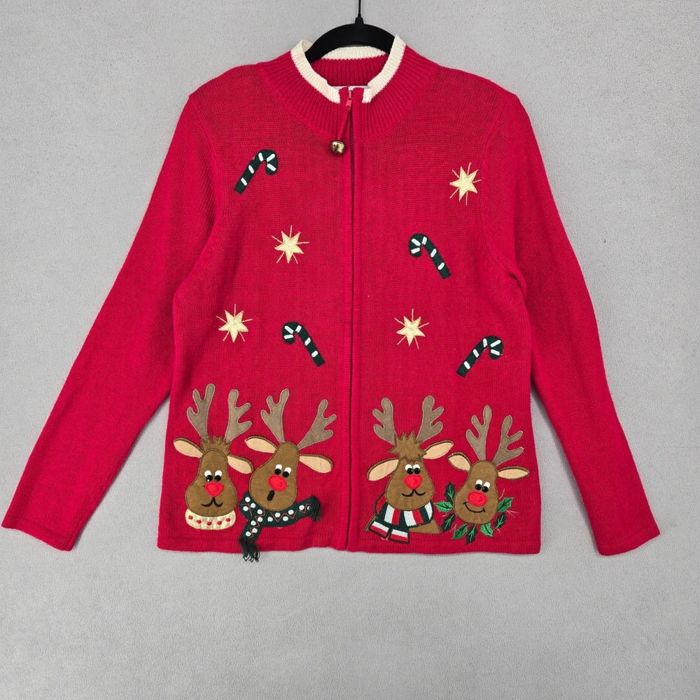 Tiara International Women NEW Medium Christmas Cardigan Reindeer 90s Vintage